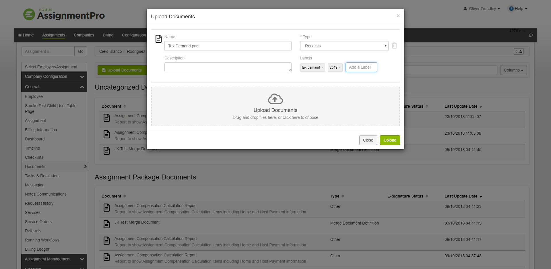 Document upload with labels